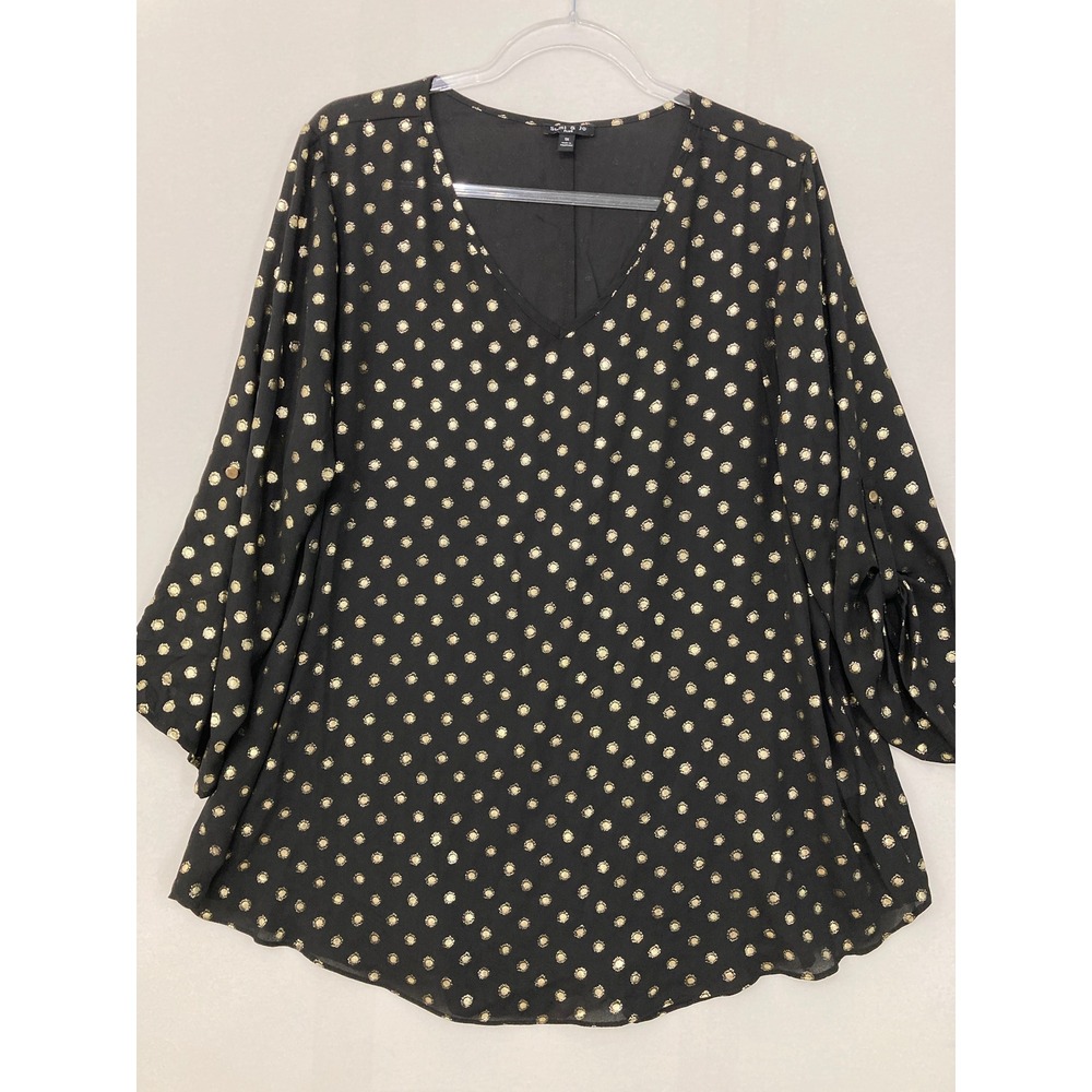Sami & Jo Blouse 1X Black Gold Metallic Polka Dot V-Neck 3/4 Roll Tab‎ Sleeve